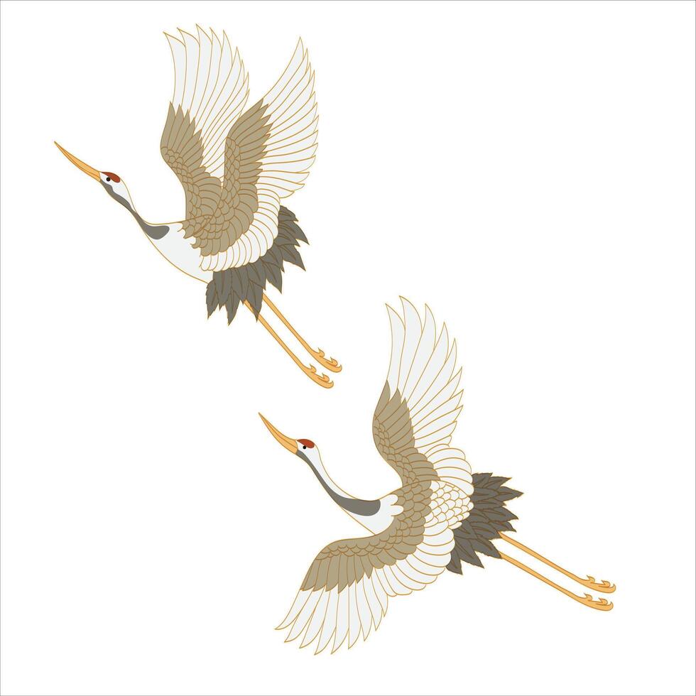Crane birds elements in vintage style. Japanese animal object in asia traditional style. vector