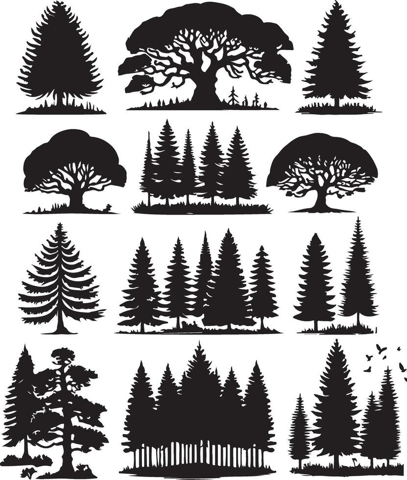 Vintage trees and forest silhouettes set vector