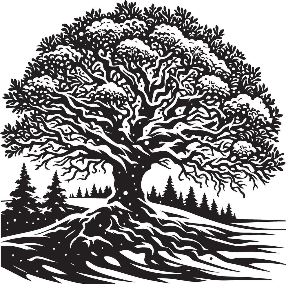 A black and white drawing of a tree with snow on the branches vector