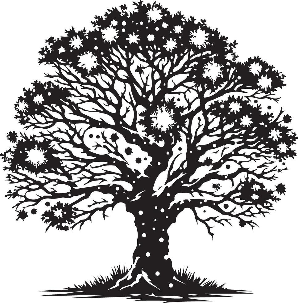 A black and white drawing of a tree with snow on the branches vector