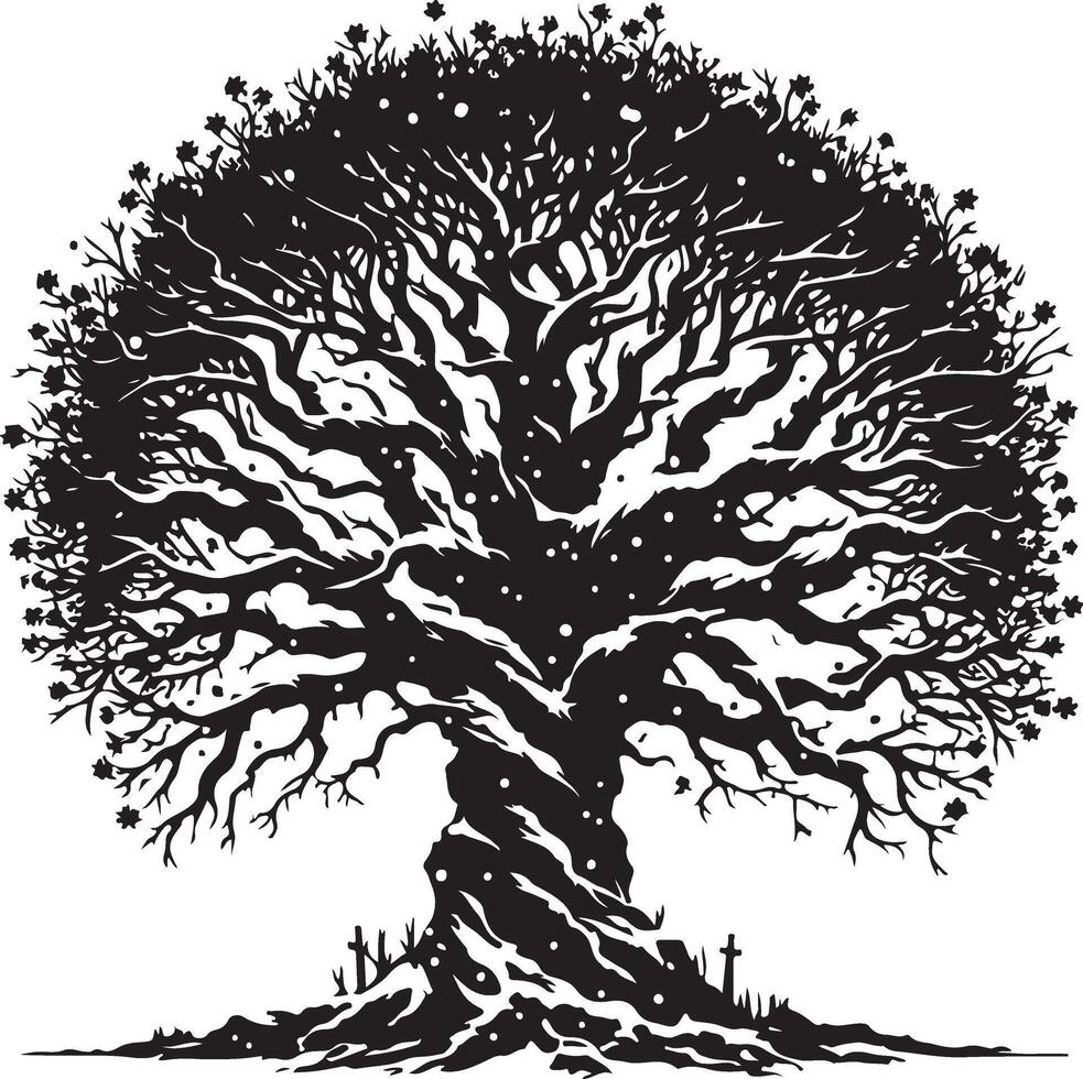A black and white drawing of a tree with snow on the branches vector