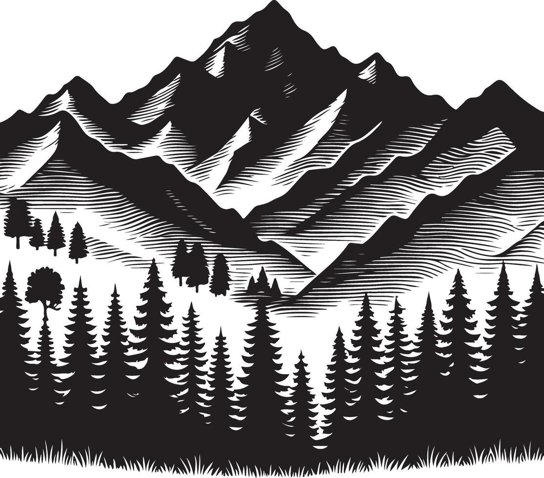 Hand drawn mountain range and trees silhouette vector