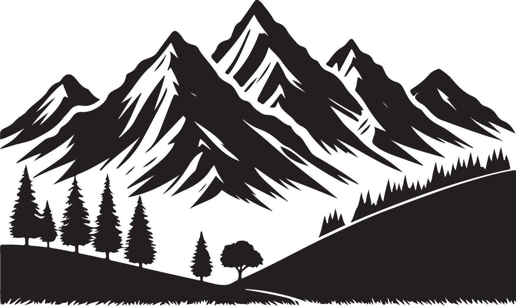 Hand drawn mountain range and trees silhouette vector