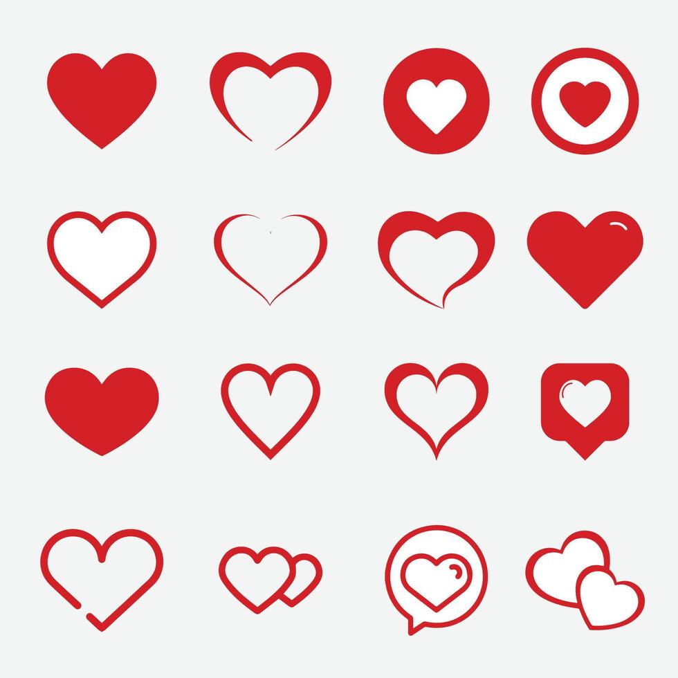 Red heart various shape stamp silhouette flat set. Love valentine romantic relationship wedding sign, etc vector
