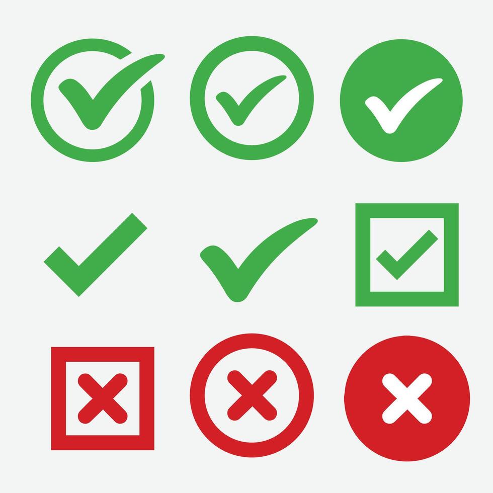 Green check mark and red cross mark icon set Isolated tick symbols Checklist signs Approval badge Flat and modern checkmark design vector