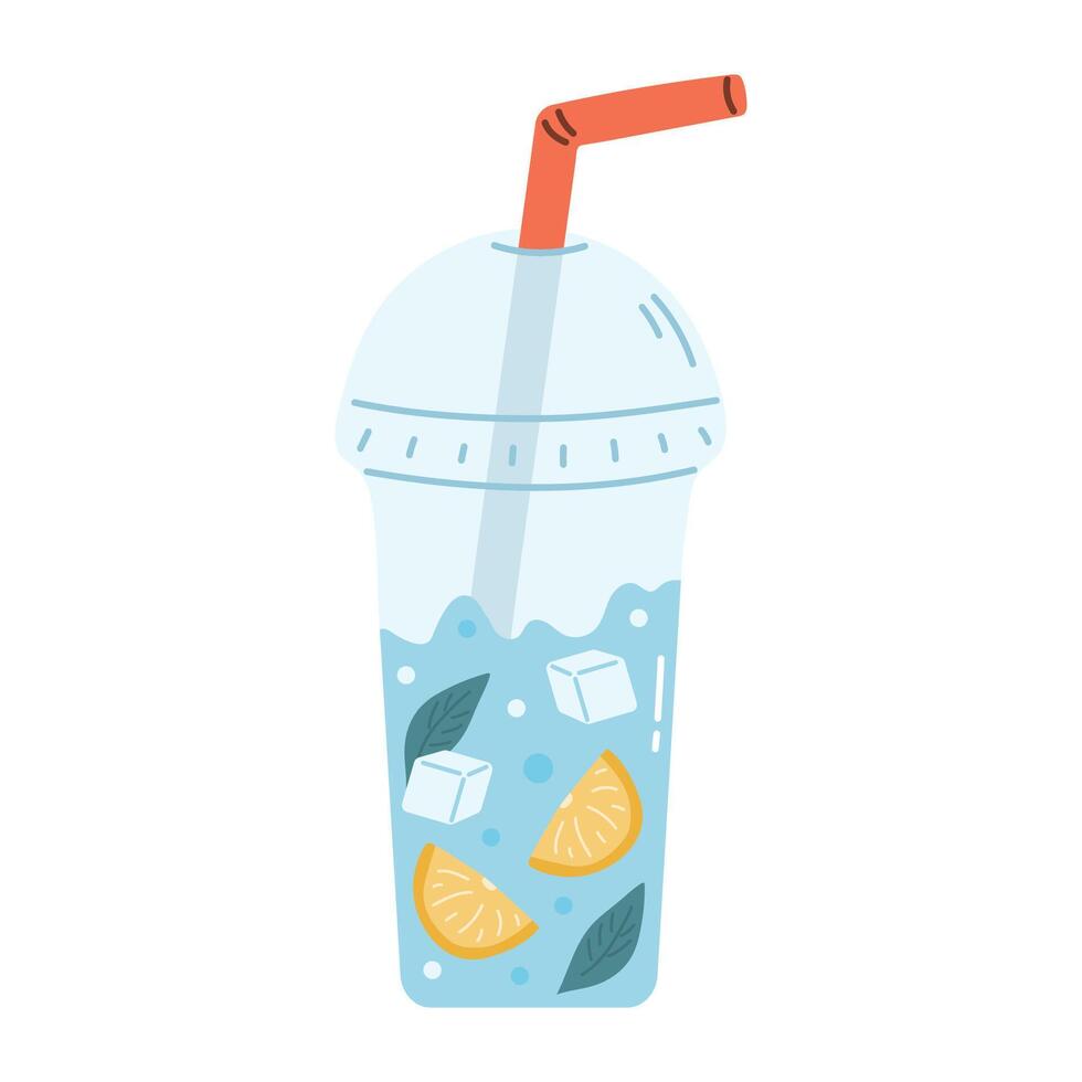 Water with ice and lemon in plastic glass vector