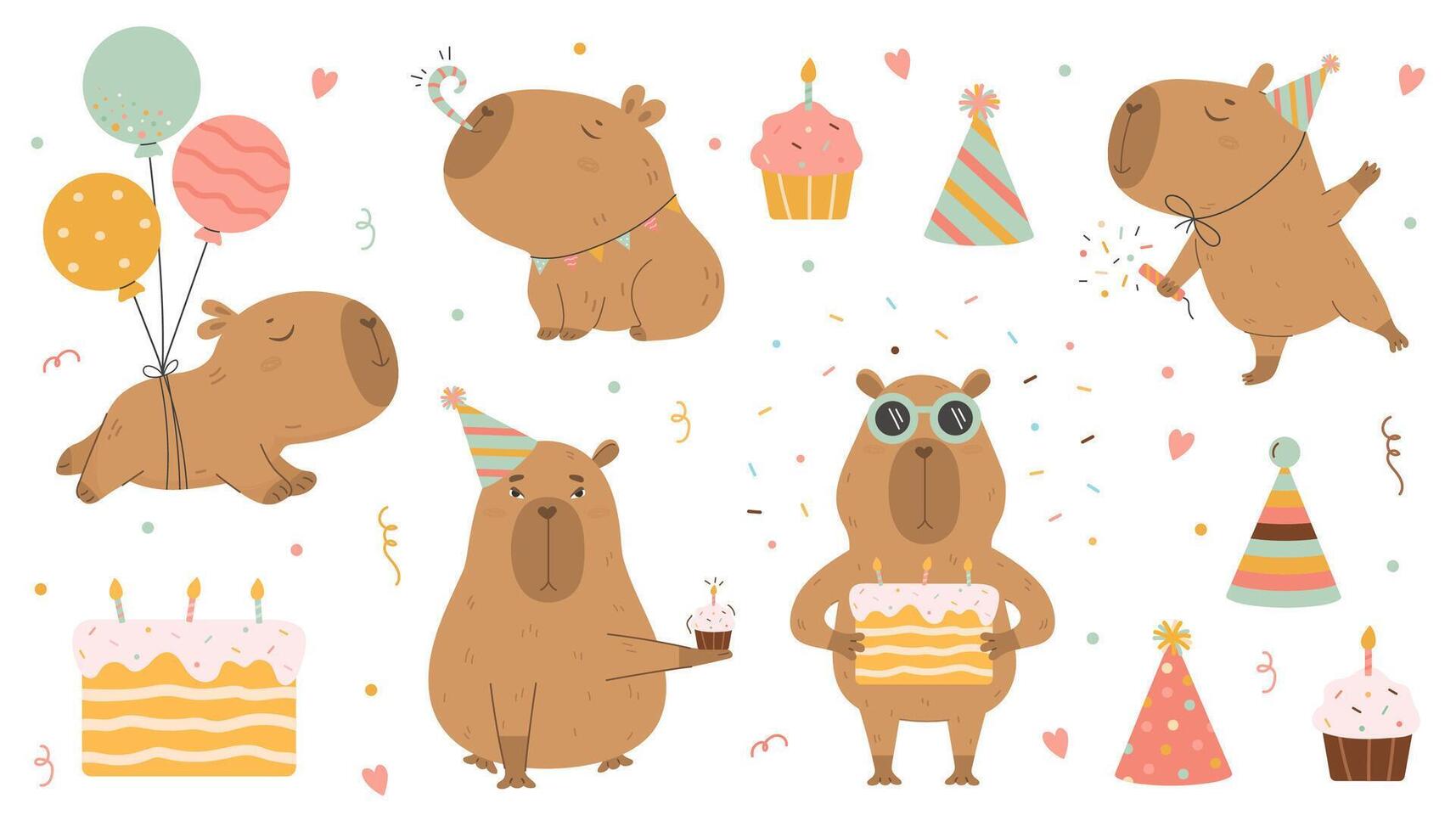 Funny capybara Happy Birthday big set vector
