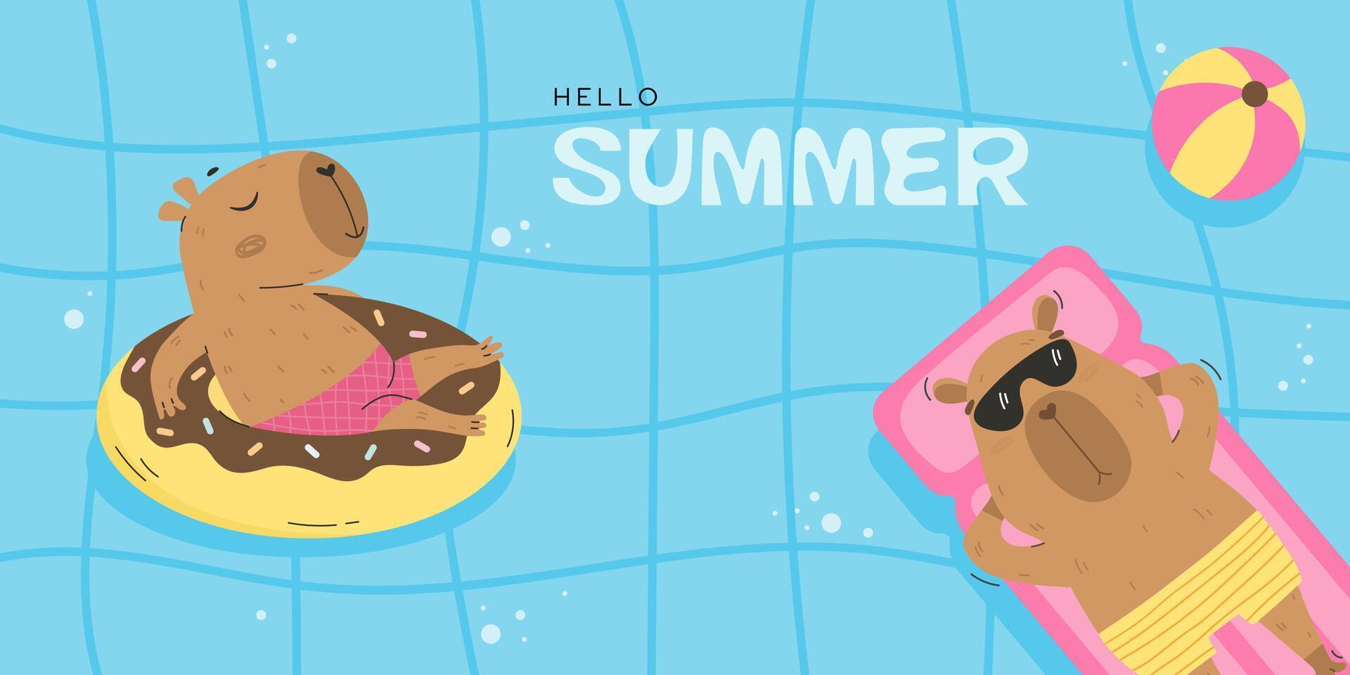 Funny capybaras floating in swimming pool vector
