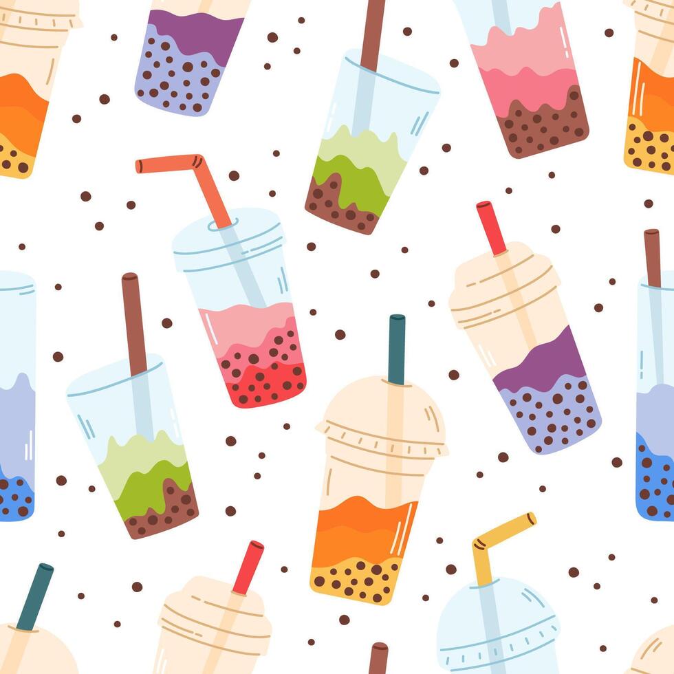 Pattern with bubble tea drinks in plastic glasses vector