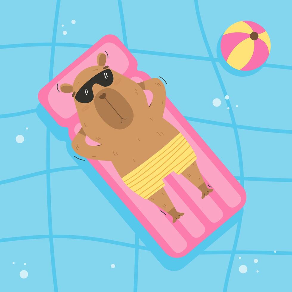 Funny capybara floating on air mattress vector