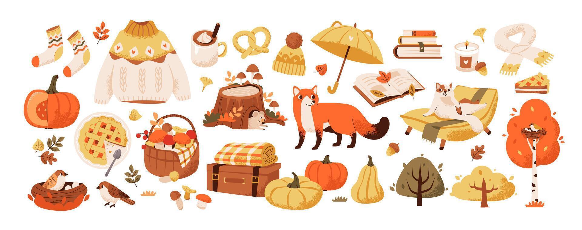 Autumn set with cute animals, plants and cozy autumn accessories. Books and cocoa with pumpkin pie for fall passtime. vector