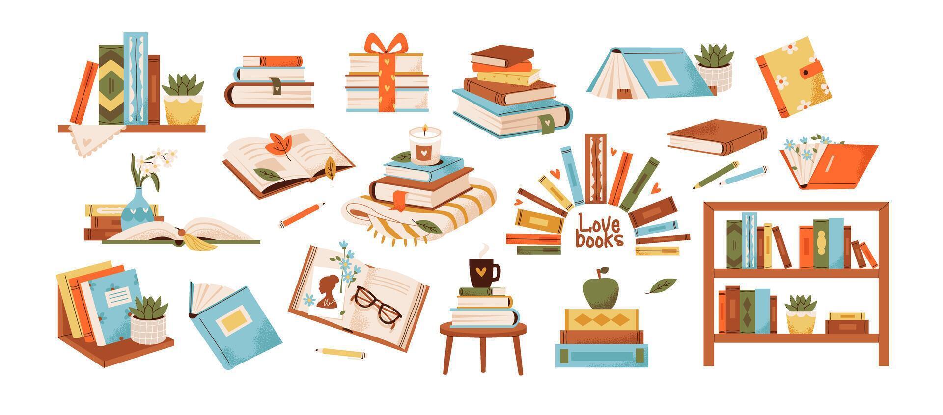 Books, diaries, textbooks with bookmarks for reading and studying. Literature set. Cozy flat illustration of books on a shelf and with flower pots vector