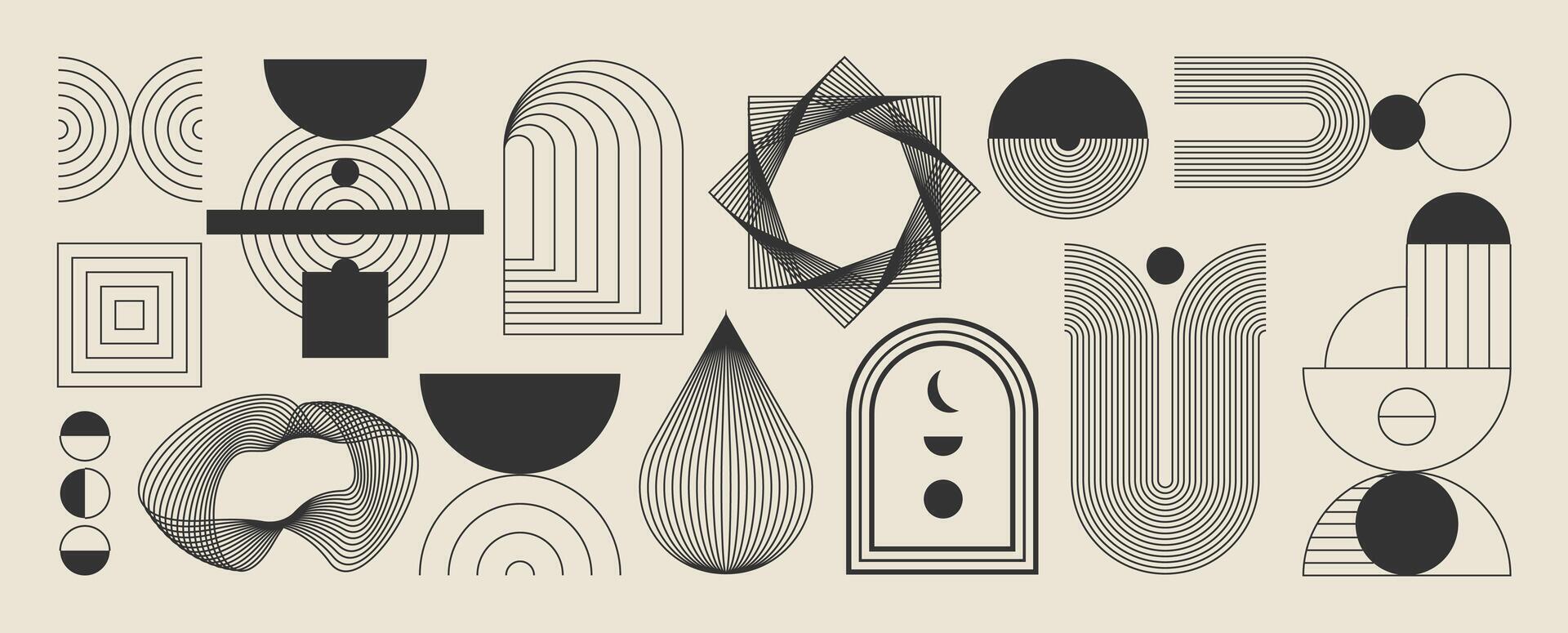 Hand drawn abstract minimal element mid century set. Aesthetic contemporary stripe line art, geometric shape in monochrome. Art form design for wall art, decoration, wallpaper. vector