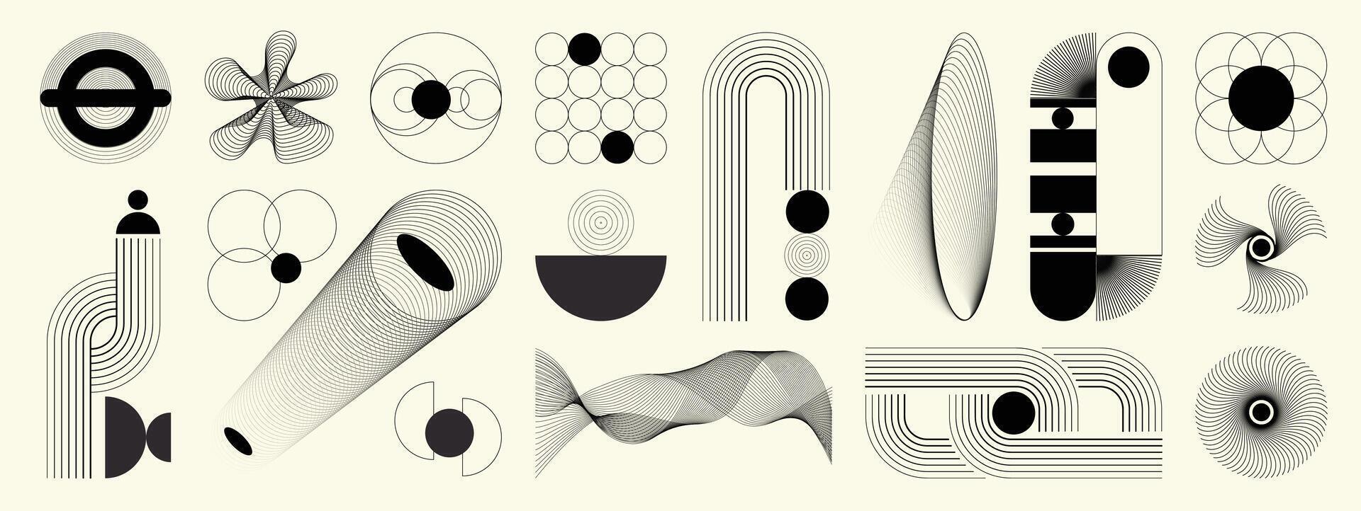 Hand drawn abstract minimal element mid century set. Aesthetic contemporary stripe line art, geometric shape in monochrome. Art form design for wall art, decoration, wallpaper. vector