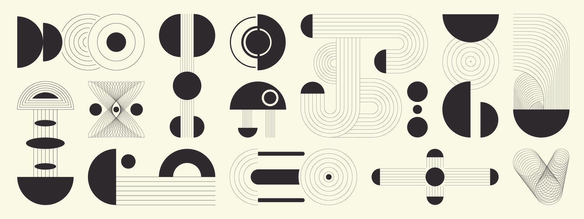 Hand drawn abstract minimal element mid century set. Aesthetic contemporary stripe line art, geometric shape in monochrome. Art form design for wall art, decoration, wallpaper. vector