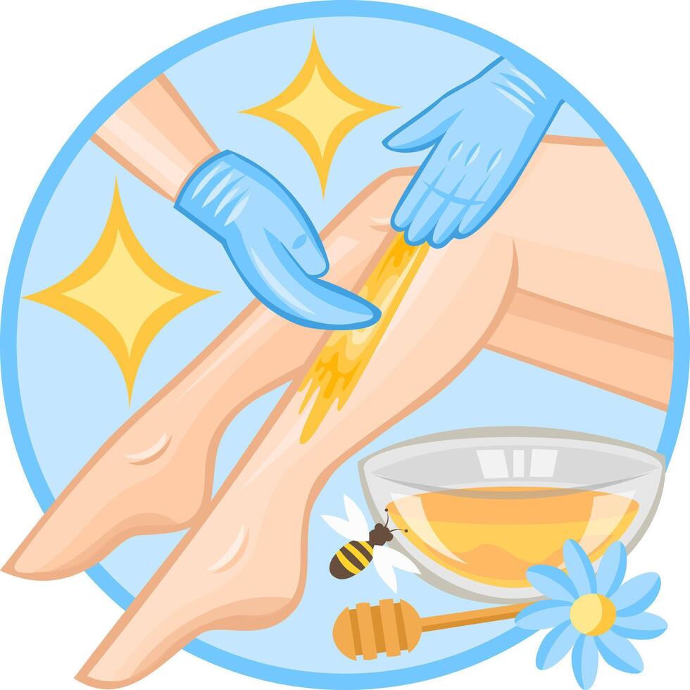 Hair removal with sugaring. Cosmetologist removes unwanted hair from legs of a girl with a help of sugar paste depilation. Depilation collection. No hair Logo vector