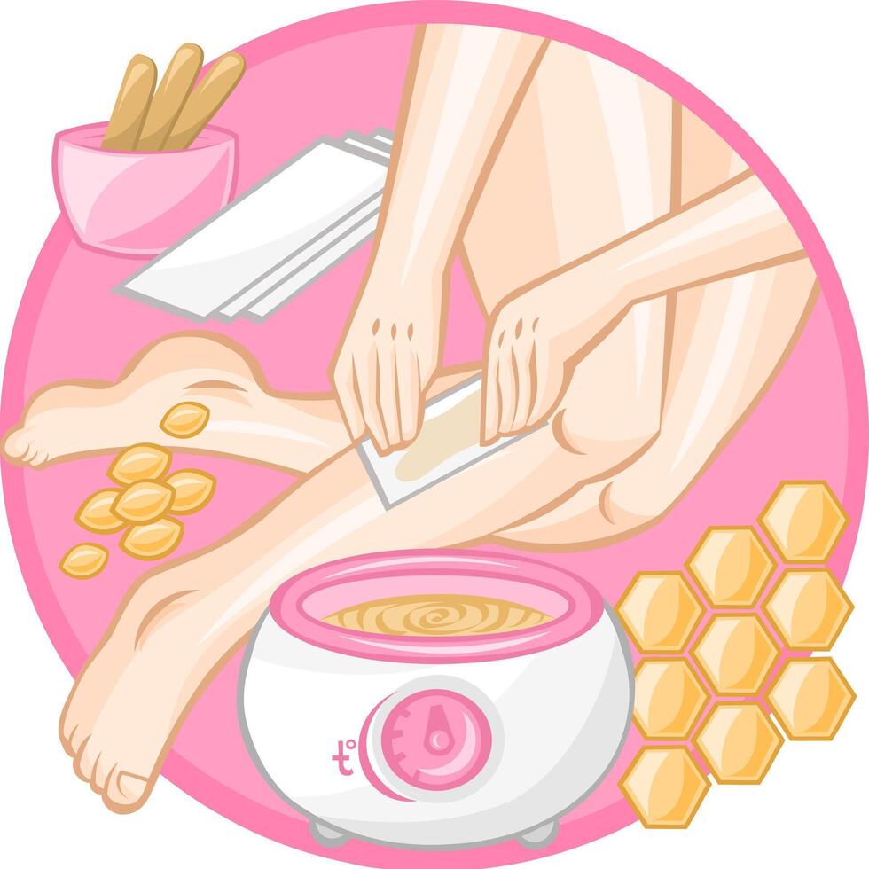 Hair removal with waxing. Girl removes unwanted hair from her legs with a help of waxing depilation. Depilation collection. No hair Logo vector