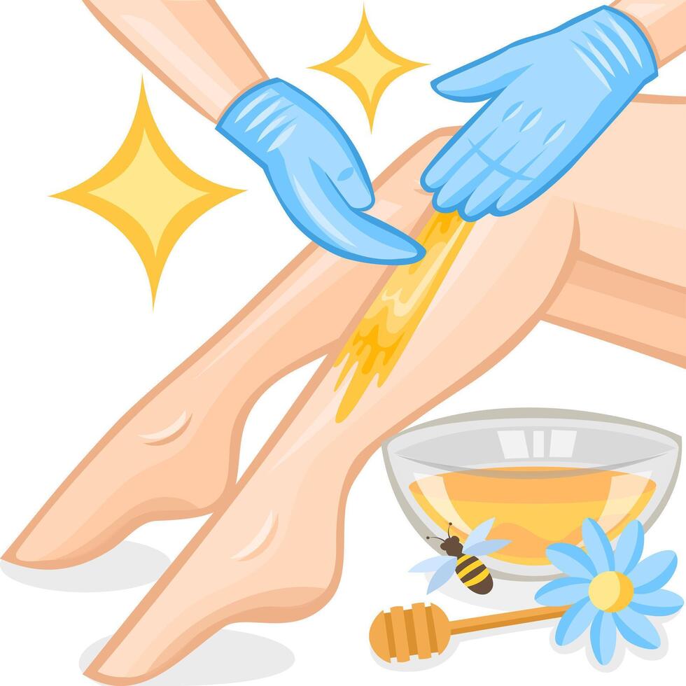 Hair removal with sugaring. Cosmetologist removes unwanted hair from legs of a girl with a help of sugar paste depilation. Depilation collection. No hair vector