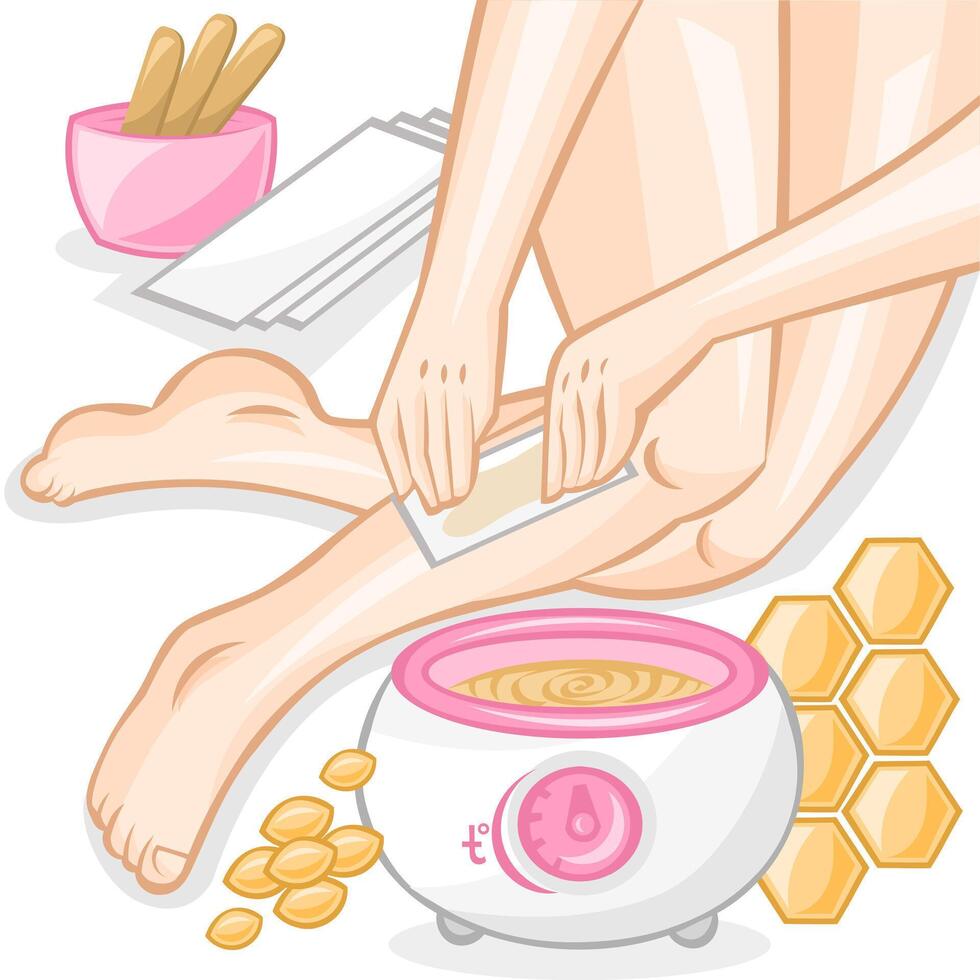 Hair removal with waxing. Girl removes unwanted hair from her legs with a help of waxing depilation. Depilation collection. No hair vector