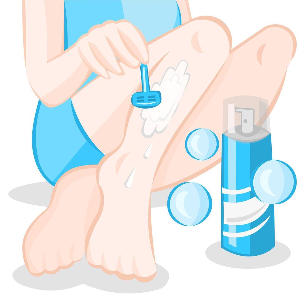 Hair removal with razor blade shaving. Girl removes unwanted hair from her legs with a help of razor blade depilation. Depilation collection. No hair vector