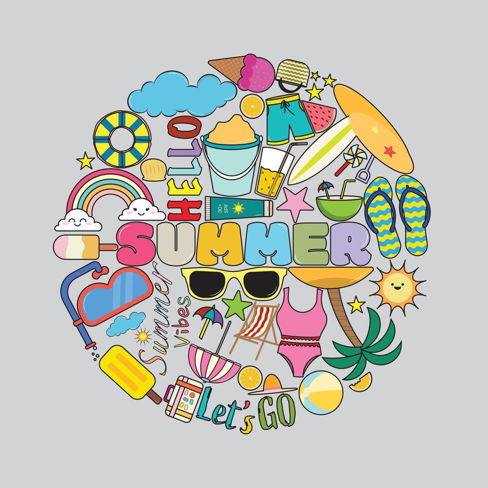 Set of Summer Illustration in Circle vector