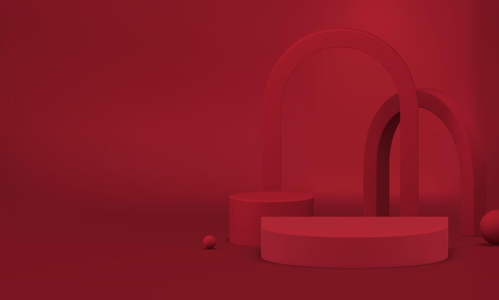 3d red showcase podium with arch wall background for show realistic illustration vector