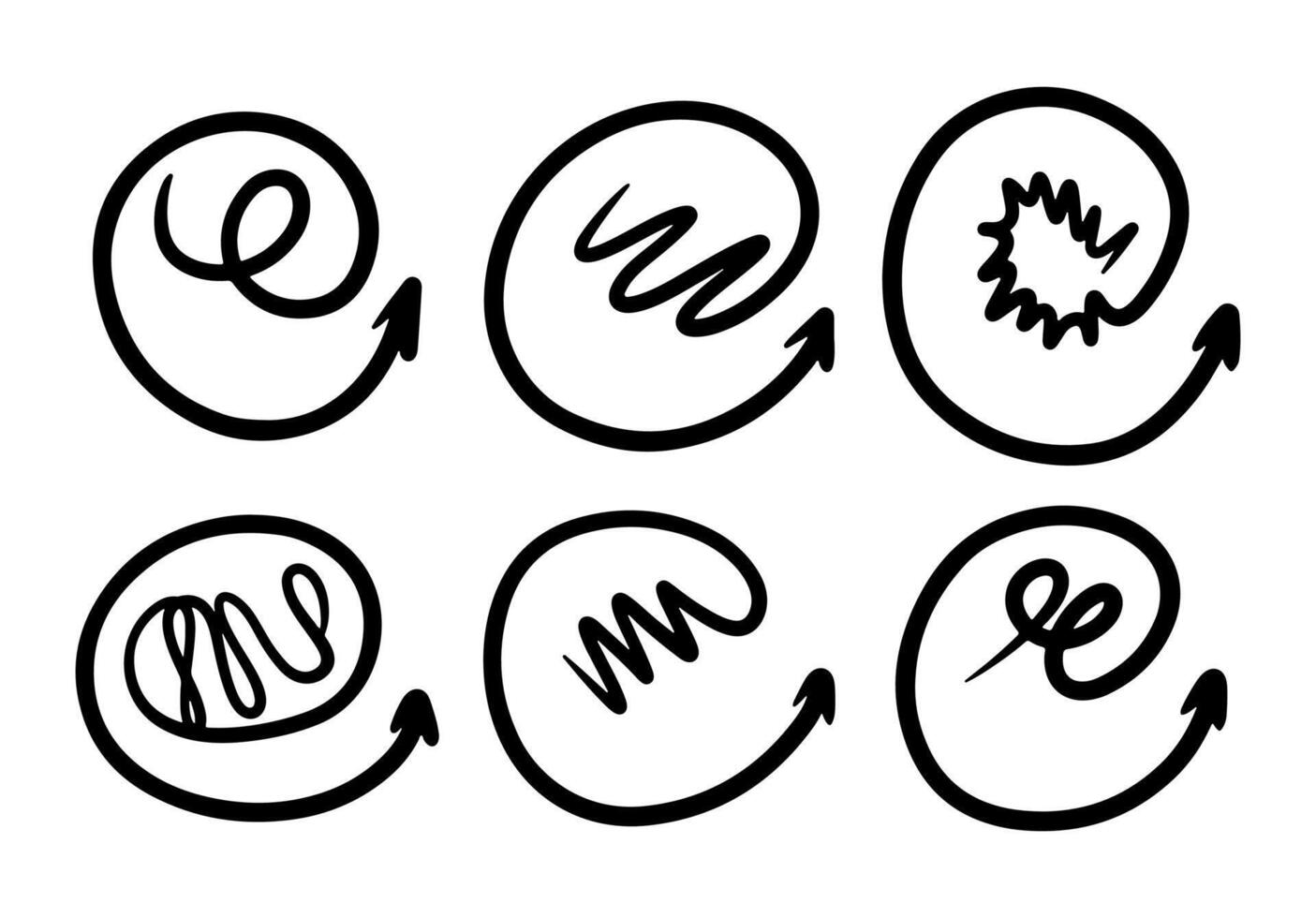 Hand drawn round arrows set. Scribble lines, swirls arrows, scrawls. Doodle drawing. Direction pointers. vector