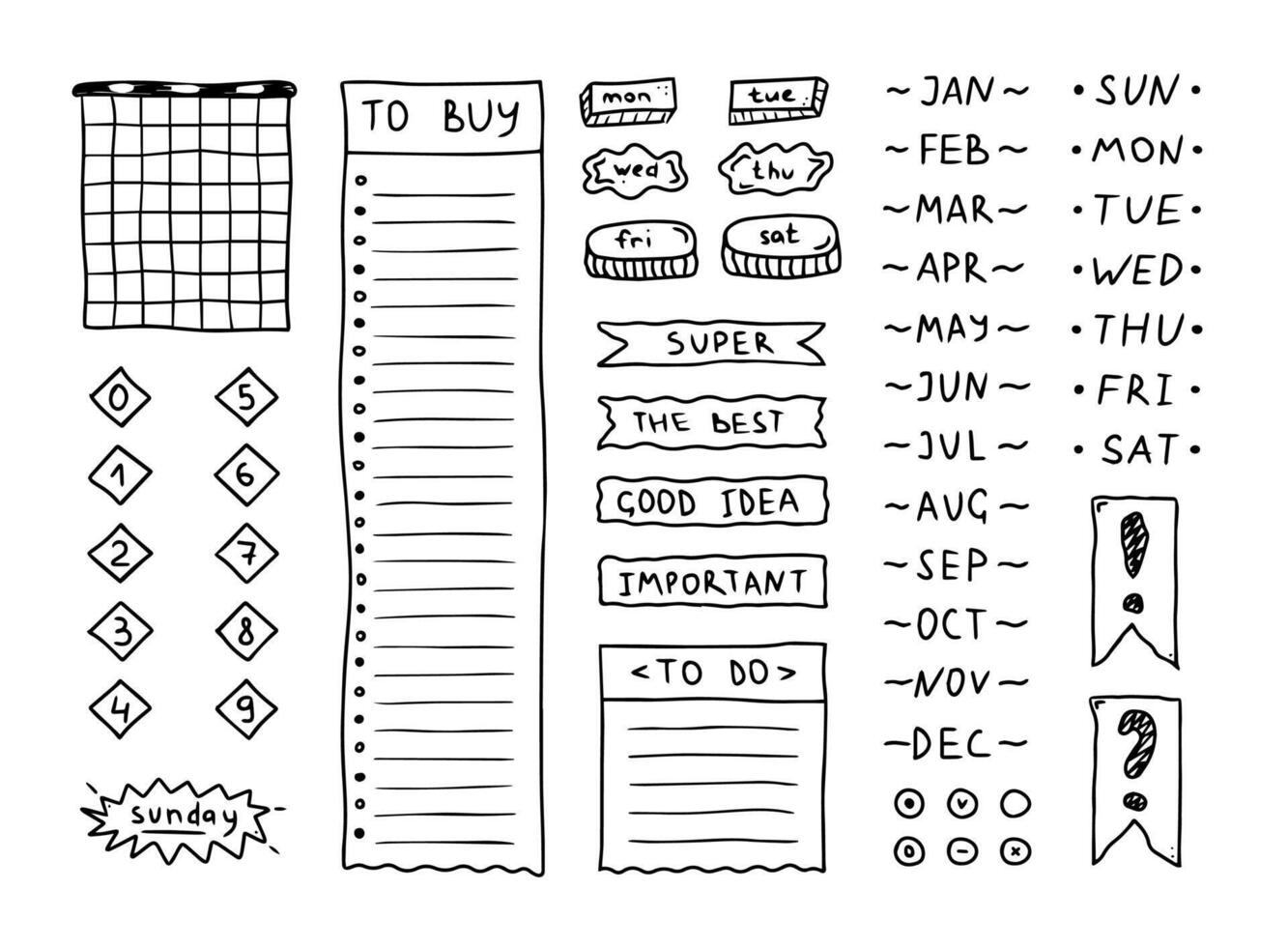 Doodle black bullet journal. Hand drawn elements, numbers, month names and days of the week, stickers, planner labels. Sketch scribble style. illustration for diary, planner, notebook vector