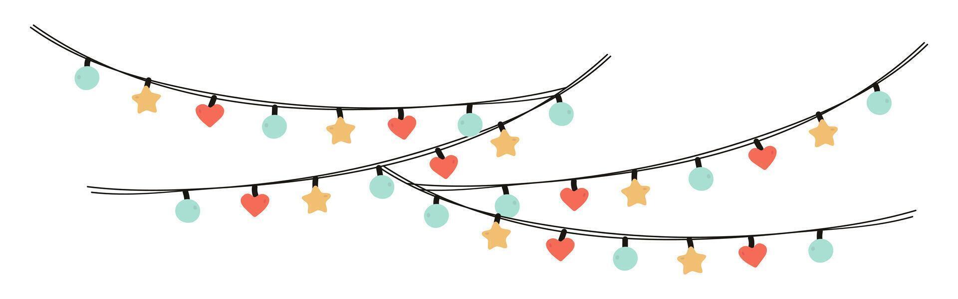 Doodle color girland. Hand drawn holiday bunting. Birthday garland of flags of different shapes. Hearts, circles. stars. Children drawing. vector