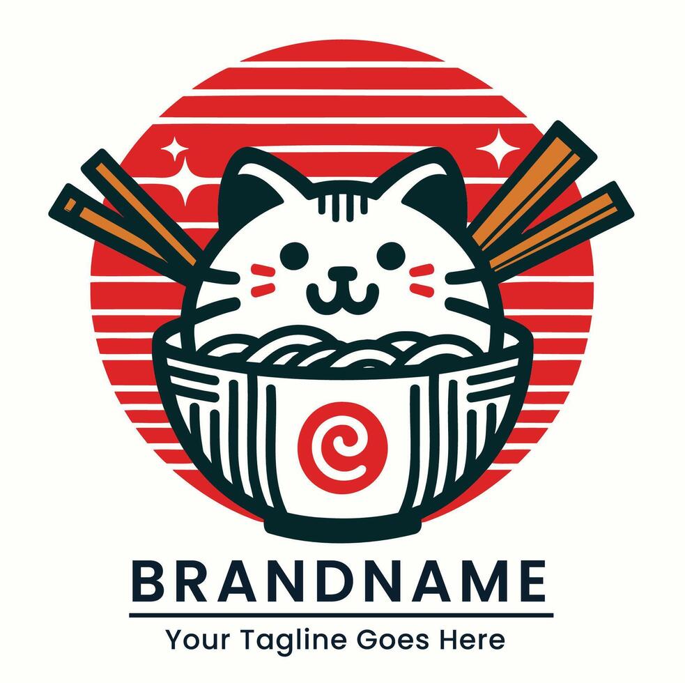 Cute cat eat ramen logo with a red backdrop and cheerful design elements vector