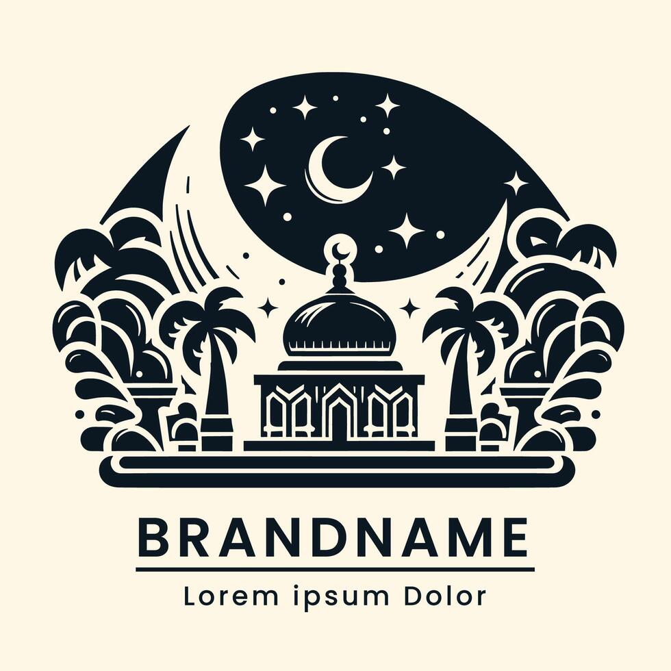 Artistic mosque logo with tropical elements and night sky vector