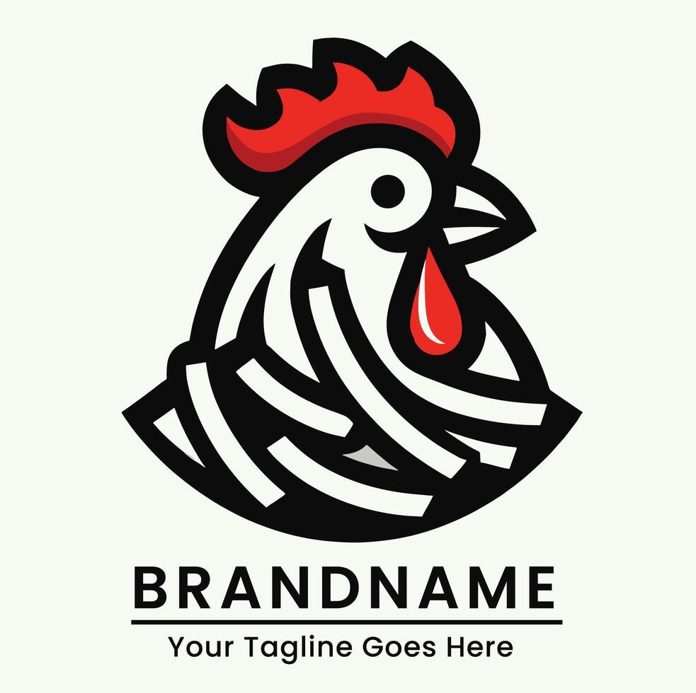 Creative chicken logo with intricate lines and red crest for food industry branding vector