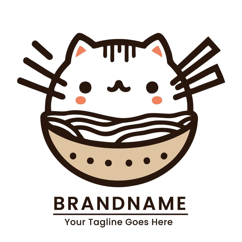 Cute cat in a ramen bowl logo with a minimalist design and playful elements vector