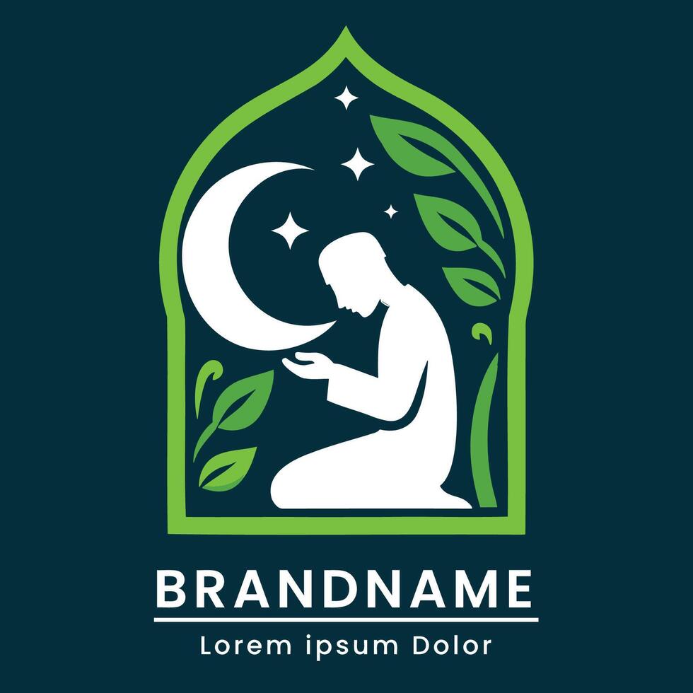 Elegant mosque logo with a serene prayer scene and natural elements vector