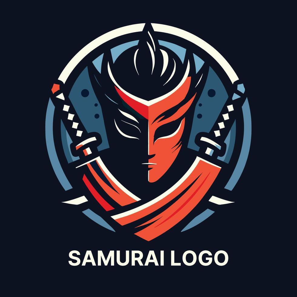 Dynamic samurai logo with a striking red mask and dual swords perfect for action oriented branding vector