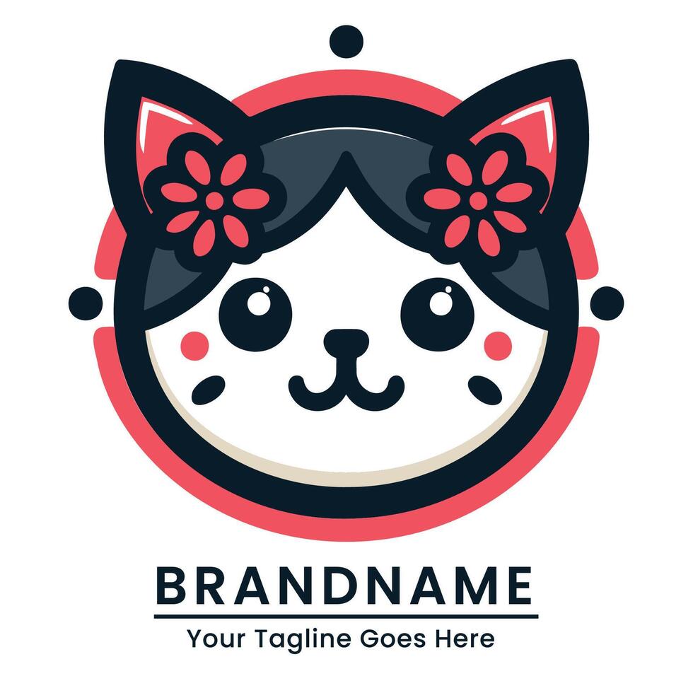 Cute cat logo with floral elements and a sweet expression ideal for feminine and charming brands vector