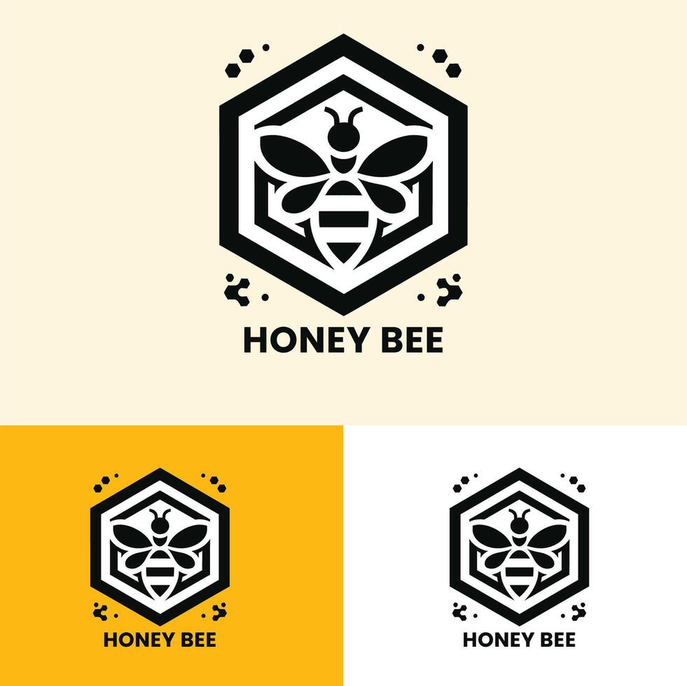 Unique honey bee logo with hexagonal patterns and minimalist design perfect for clean and modern branding. vector