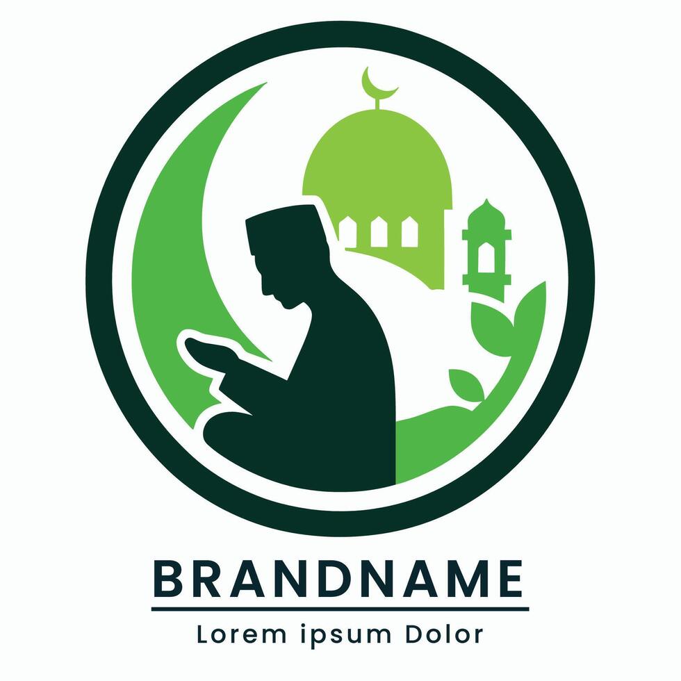 islamic logo featuring a person in prayer with mosque elements and green tones vector