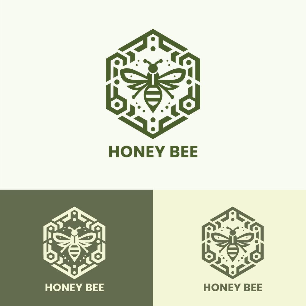 Elegant honey bee logo in green hues hexagon pattern perfect for eco-friendly branding vector