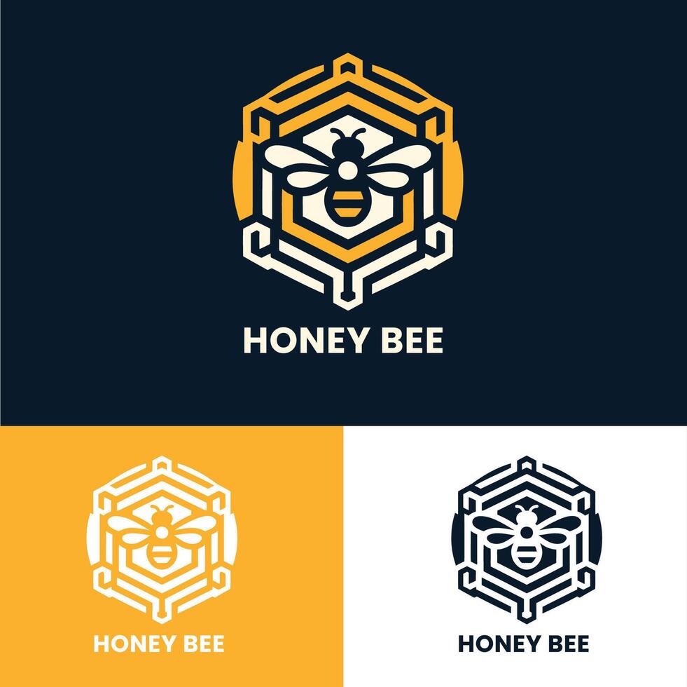 Modern honey bee logo in hexagon shape with yellow and dark blue color scheme vector