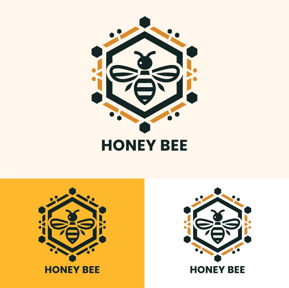 Modern honey bee logo with a detailed hexagon pattern perfect for branding and marketing vector
