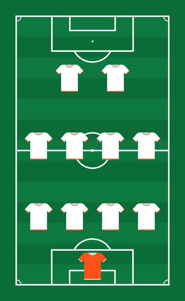 Scheme position player with white shirt, green football field. of player soccer sport, tactic team scheme, position stadium illustration, play competition strategy vector