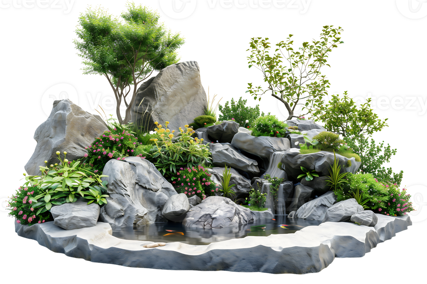 Natural river koi pond featuring garden isolated on transparent background png