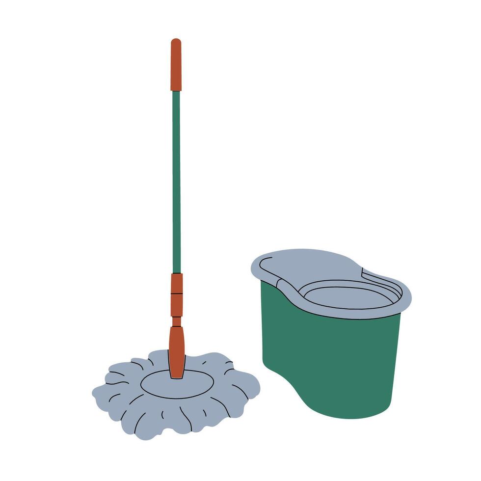 Clean floor mop with stick handle and bucket. Cleaning tool, washing rag, dust wiper, brush on pole. Housework, housecleaning item icon. Flat graphic illustration isolated on white background vector