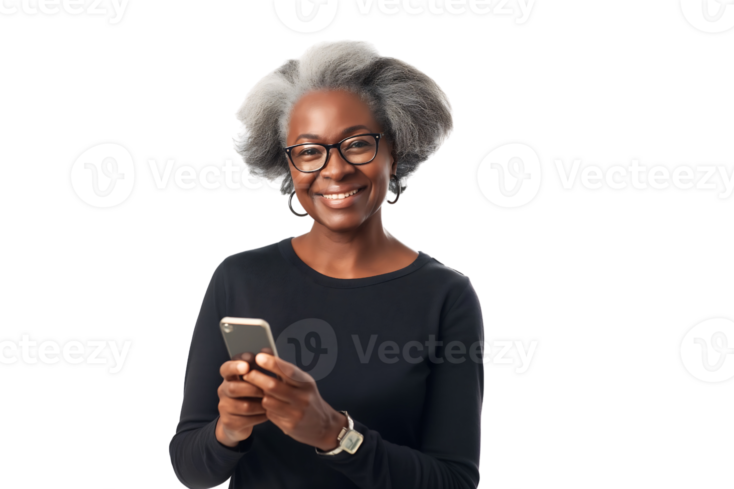 happy mature black woman standing scrolling on her phone isolated on transparent background png