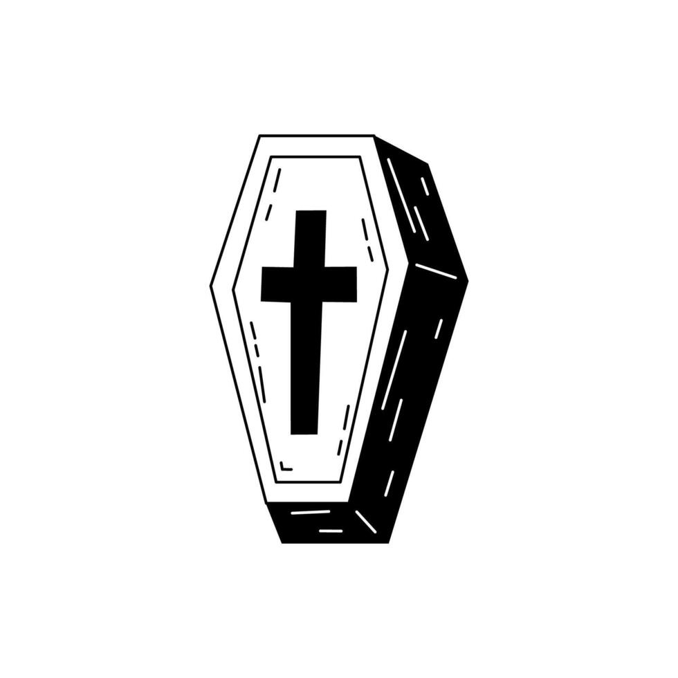Black Halloween coffin hand drawn in doodle style. Creepy decorative scary icon illustration for design. stock illustration on isolated white background. vector
