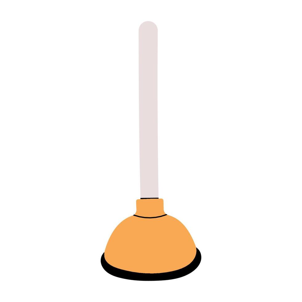 Plunger, pumping plumbing tool for toilet and sink unclog. Cleaning draining cup on pole, stick. Clog suction, sanitary appliance. Flat graphic illustration isolated on white background vector