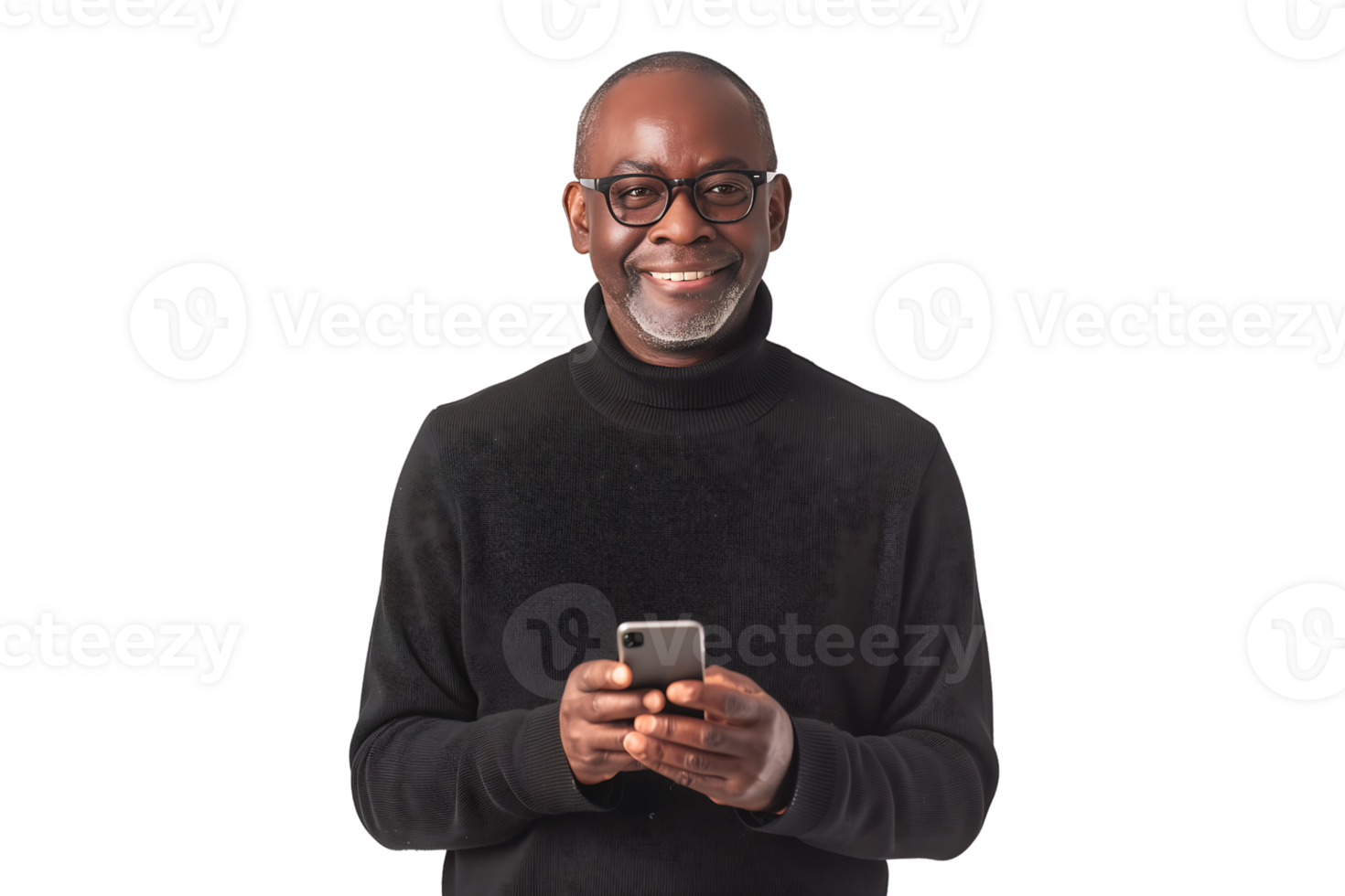 happy mature black man standing scrolling on her phone isolated on transparent background png