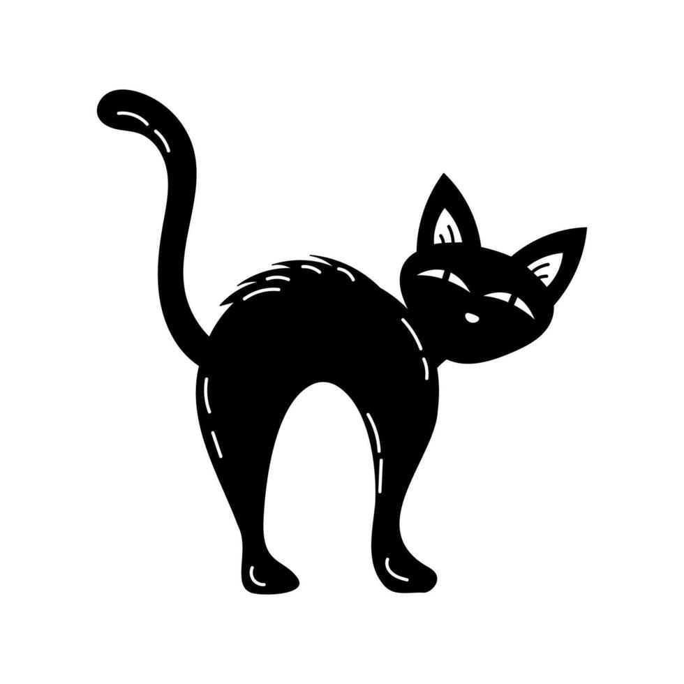 Creepy black cat isolated over white background. Halloween scaredy kitten. Wiccan familiar spirit, halloween or pagan witchcraft. stock illustration. vector