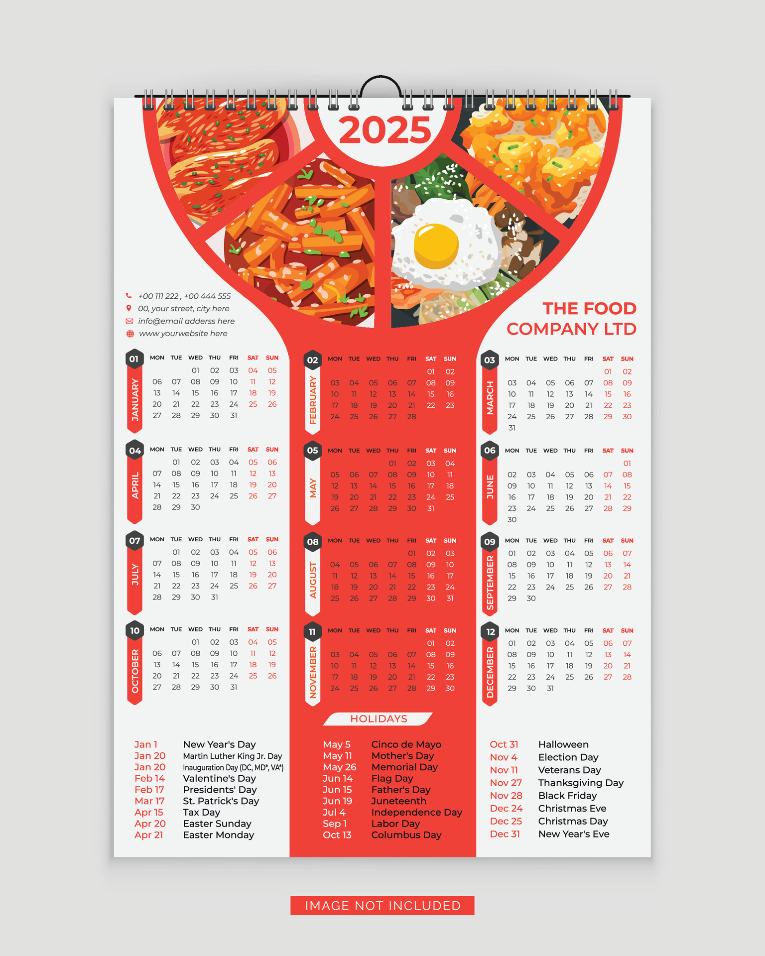 2025 Calendar 2025 wall calendar template, One Page food Wall